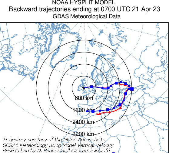 Backward trajectory analysis (HYSPLIT courtesy of NOAA ARL) of air parcels arriving over Llansadwrn on 21 April 2023.